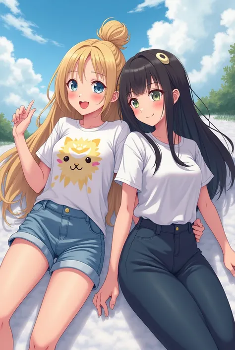 
 I want you to create this image 
** Description of the anime-style image :**
 The two girls are on their backs ,  supported one against the other in a dynamic and friendly pose . 

**ruby (left):**
- **appearance:**  Tall and with blonde hair tied in a h...