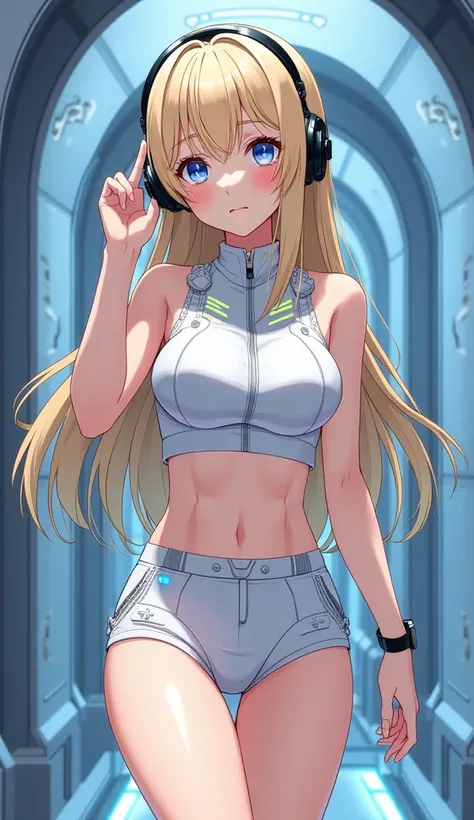 Detailed anime illustration, pixiv style,anime love-live style, zero gravity space. Woman dressed in white spaceship high-tech capsule, cold sleep device. Japanese woman, blonde long hair, blush,shy,wearing futuristic underwear with biosensors and circuit ...