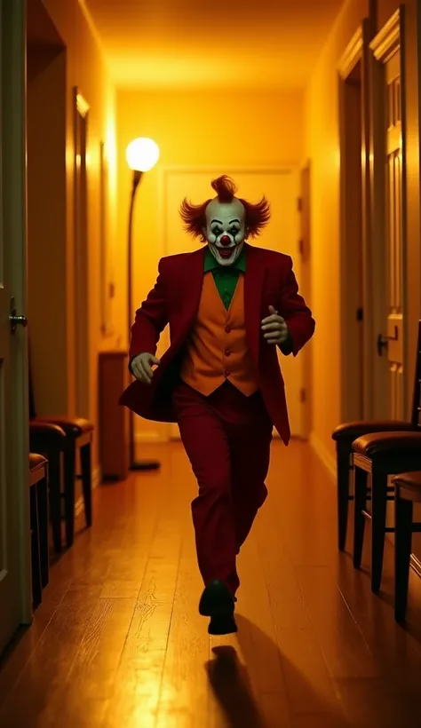  A man in creepy clown makeup ,  wearing a red suit with a green shirt and orange vest ,  runs inside the hallway of the house illuminated by warm yellow lights .  His face shows an expression of excitement or madness as he runs towards the camera.  The ro...