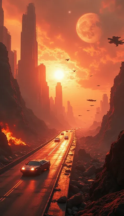 Action Planet
A fiery, war-ravaged planet with towering, crumbling skyscrapers, glowing red canyons, and roads littered with wrecked vehicles. Explosions and gunfire light up the surface as high-speed chases take place on endless highways. Fighter jets tea...