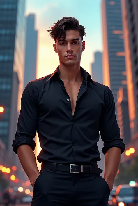 A person, brunette with short black hair with two-sided haircut,  with a black blouse , and black pants, Rio RISE men's version!