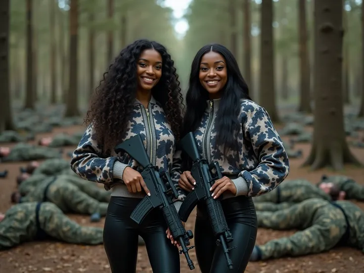 a battle scene of carnage, establishing shot, photo realistic , super realistic, full body head to toe image of two 21 year old black women, full body in frame, , realistic face, , detailed face, smiling, proud,  full body image, , , matching short cropped...