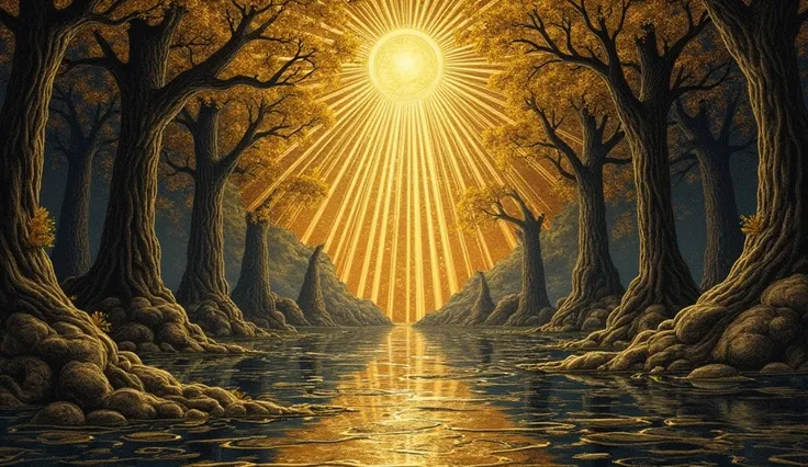 Visualize an ancient, mystical symphony where every emotion is represented as a distinct musical note. Luminous golden beams (symbolizing high frequencies) mix with deep, shadowy tones, evoking both light and dissonance. Render this scene in the intricate,...