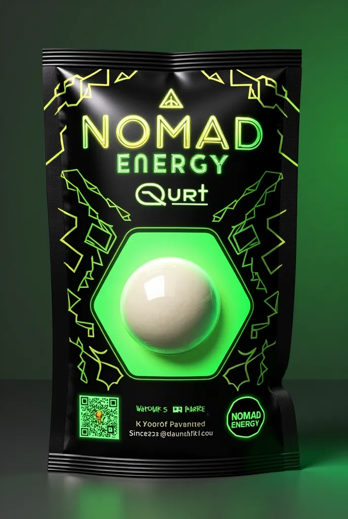 Design a modern, eye-catching vacuum packaging for Uzbek traditional dried yogurt balls (qurt/kurut). The packaging dimensions are 10 cm in length and 5 cm in width. Use a dynamic color scheme featuring a metallic black background with glowing neon green a...