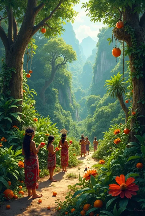 I want a forest with indigenous tribes with fruits and animals 