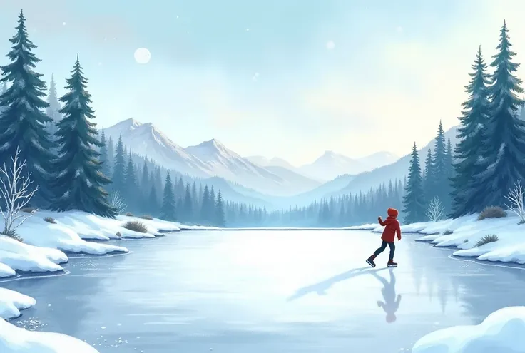 , winter season , snowy scene, Skating rink in the background  , Pixar watercolor style, image haute résolution, high image quality
