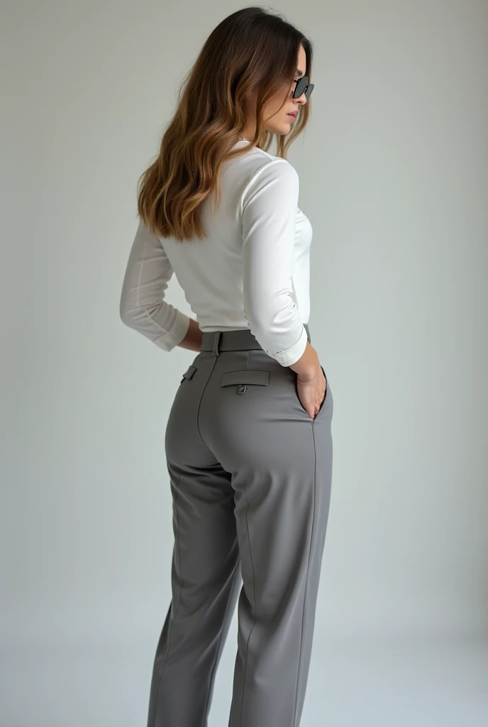 I take the gray silk pants,  I put them on securing the belt of the same color complaining tight to my figure ,  a long sleeve white shirt which fits me tight I place it through my pants, and I leave three buttons unfastening, I put on high silver shoes , ...