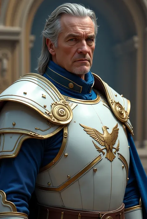 A middle aged man, neck-length hair combed back few white strands, no beard at all, in white and blue armor with an eagle on his chest in a pose of superiority 