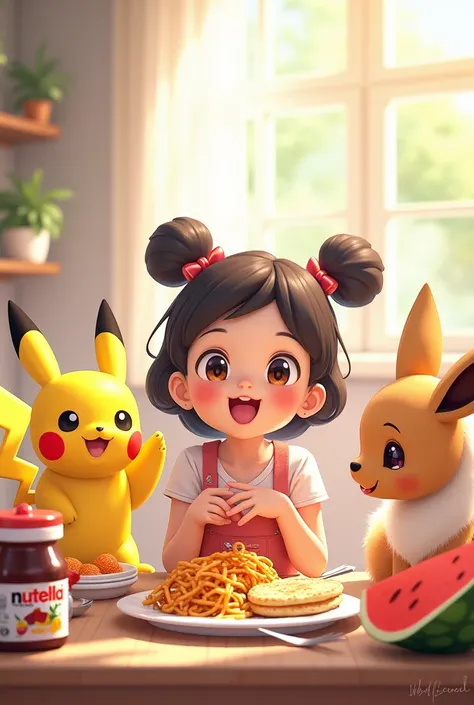   A breakfast table  .

 Sitting down is an  girl  , pikachu, Eevee and a kitten  . on the table,   a jar of Nutella  , A pack full of snacks ((cheetos)), uma melancia e ketchup