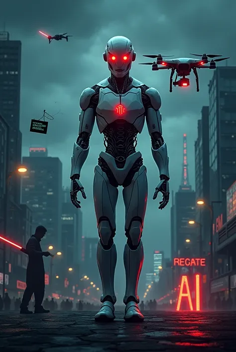 "A dark, dystopian cityscape with a futuristic yet ominous vibe. The sky is filled with dark clouds, and faint glows of red and blue lights emanate from buildings. In the foreground, a humanoid AI figure stands, half sleek and advanced (positive side of AI...