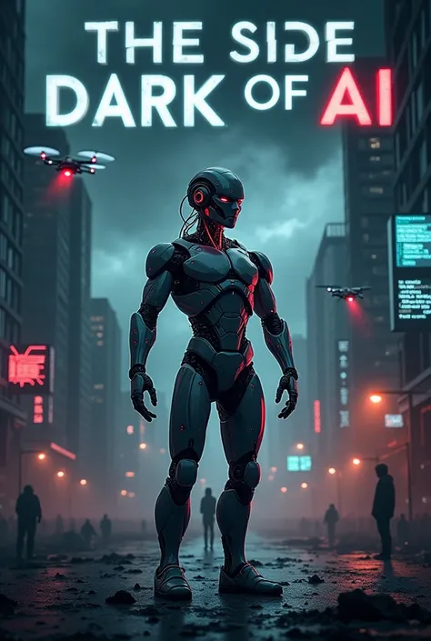 "A dark, dystopian cityscape with a futuristic yet ominous vibe. The sky is filled with dark clouds, and faint glows of red and blue lights emanate from buildings. In the foreground, a humanoid AI figure stands, half sleek and advanced (positive side of AI...