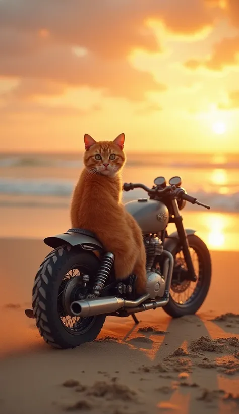 Prompt: "The orange kitten arrives at a deserted beach with golden sand. He parks his vintage motorcycle near the water and walks on the sand with his helmet in hand. The sunset paints the sky with shades of orange, pink, and purple. The camera is distant,...