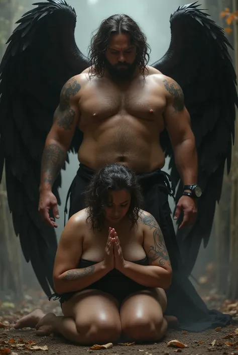  male muscular fallen angel,  hair on her shoulders , serious face, Flaming black wings and a plus-size woman,  with her back,  white skin,  curly shoulder-length hair, with tattoos praying on their knees next to him. 