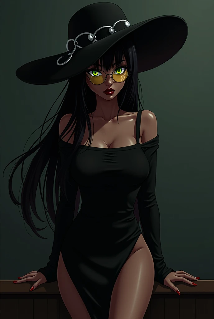 Black girl with long black hair in a black long dress with a neckline on the leg in a black big silver hat in yellow darkened round glasses with green eyes anime style