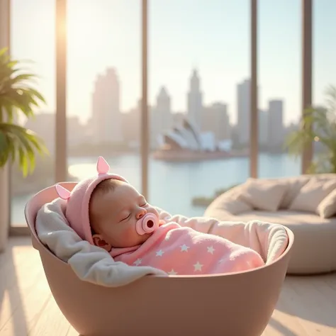 a newborn baby, wrapped in a pink star print blanket, with a pink hood, sleeping soundly with a pink pacifier in his mouth of modern design, inside a baby carriage in a room with glass walls showing the view of Sydney, Australia, room with modern furniture...