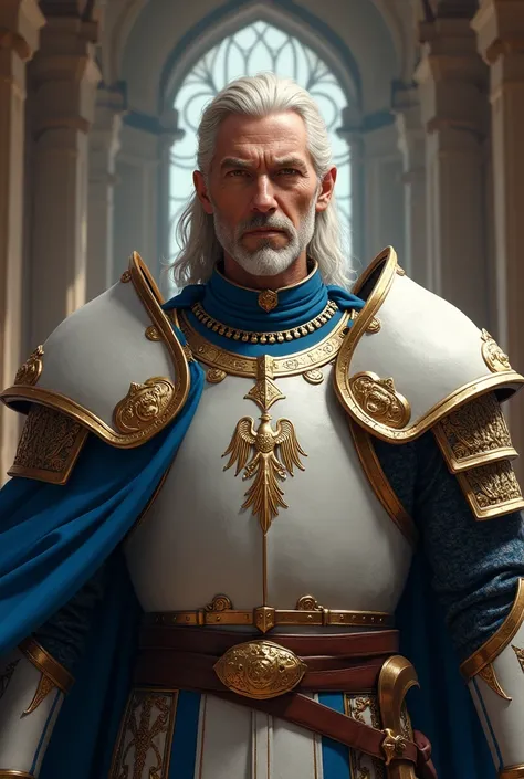 A middle aged man, neck-length hair combed back few white strands, no beard at all, in white and blue armor with only an eagle on his chest in a pose of superiority 