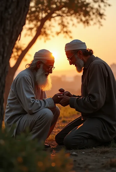 The elderly man holds the date in his hands, whispering a heartfelt prayer for Omar. His eyes shine with gratitude, while Omar, still kneeling, smiles humbly. A cool evening breeze rustles the nearby trees, and a distant call to prayer echoes in the air."