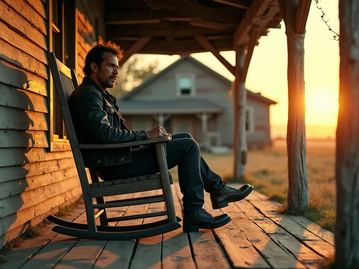 biker sitting in a rocking chair, on a porch of a very old house, With the sun at 18:00