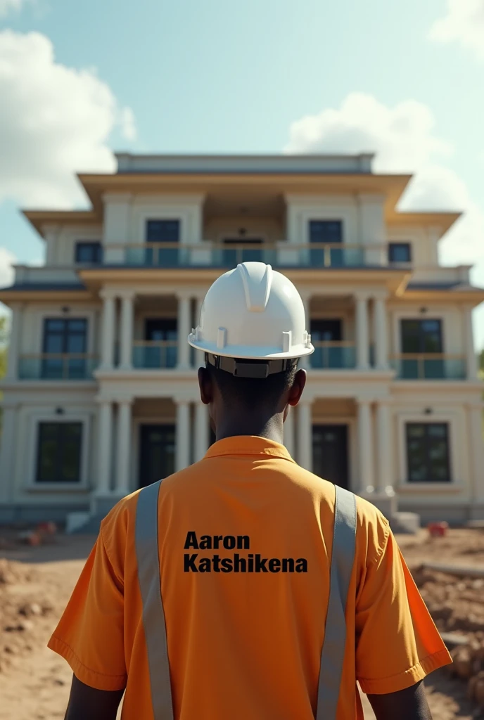 Un homme congolais en tenu de travail des ingénieurs , se tenant debout regardant une grande belle maison en étages et sur le dos du dessus de sa tenue est écris son nom qui est AARON KATSHIKENA 