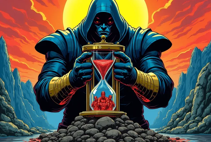 An hourglass with people inside, Darkseid holds them in his hands, the watch is engraved 15, pure gold watches,  pop art style 