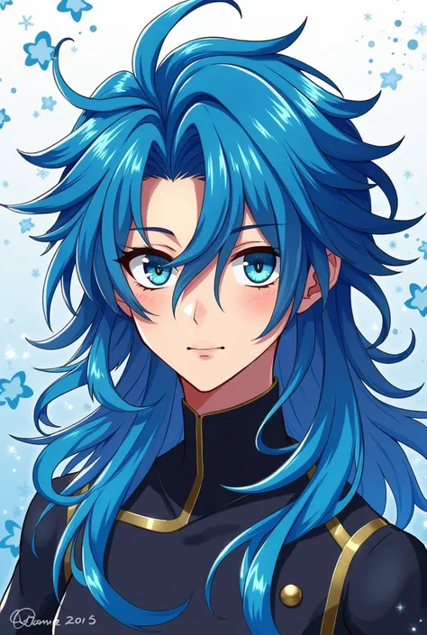 Anime boy with yellow eyes and long fiery blue hair, with blue lips and winged eyeliner using blue eye shadow on eyelids 