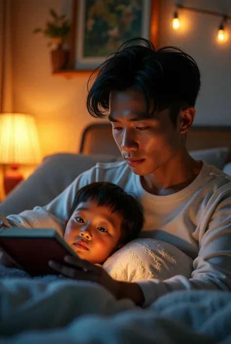 Photorealistic Asian daddy reading to Black son, a young black boy laying in bed in a creatively decorated 's bedroom, a handsome pale-skinned Asian father sitting on the edge of the bed reading a bedtime story, beautiful detailed eyes, beautiful detailed ...