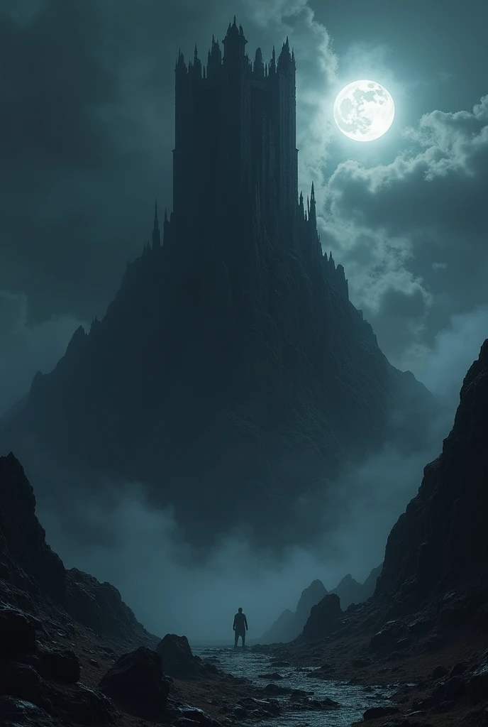 a giant, ancient, black tower on top of the mountain, night, moon in the sky, dark weather, fog