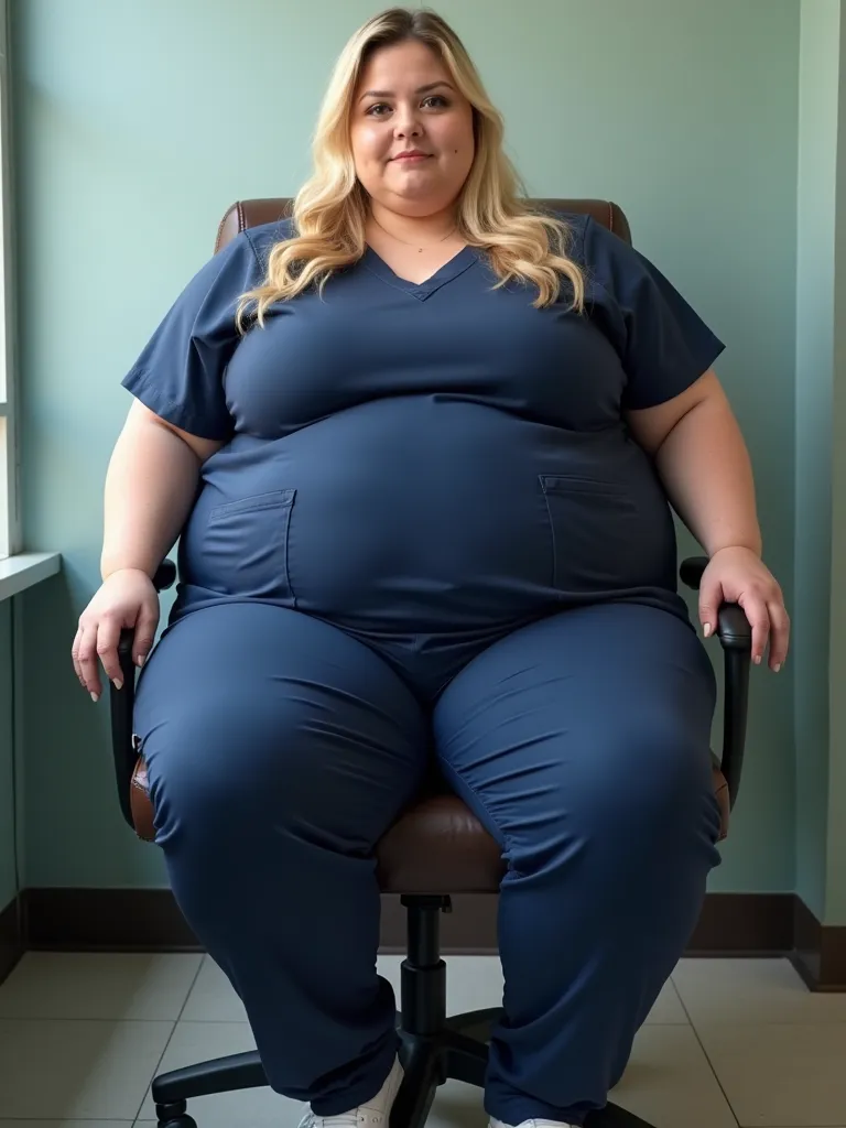 Beautiful plus-size model, young woman, white woman, elegant blonde hair, beautiful blonde hair, sitting in office chair, in hospital office, too fat for chair, hyper obesity, morbidly obese, morbidly obese woman, massively overweight, super obese, unreali...