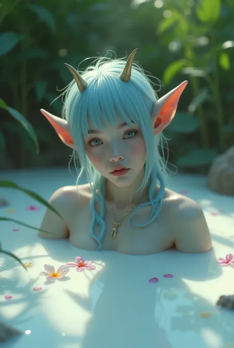 Sweet orc girl bathes in milk, blue fair skin, 2 horns, Small