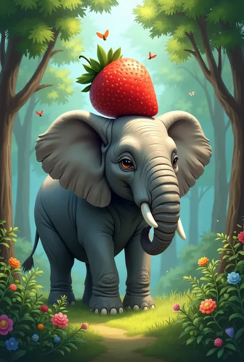 create an image with: elephant, Strawberry and forest