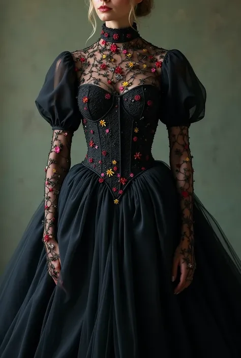 a completely dark dress with a full skirt that is made of small folds.
 The corset is attached to a dark but translucent fabric that forms a high collar and sleeves up to the elbows,  covered with tiny flowers of different colors that go from the chest and...