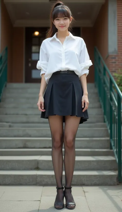 young, teenage , europejskia,  white girl ,  full figure , White shirt, dark short miniskirt, stockings,  stiletto heels with ankle straps,  stairs in front of school entrance, hair tied in a ponytail , bangs,  smiles ,  looking at the camera ,  camera fro...