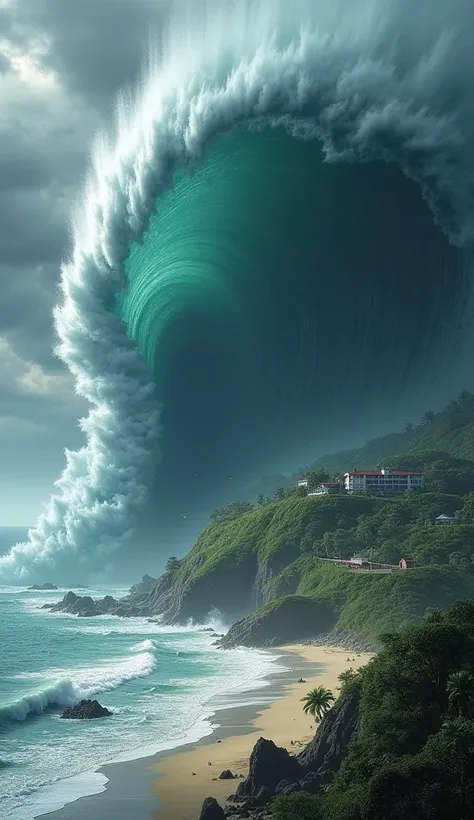 A hyper-realistic scene of a colossal tsunami engulfing a hill at the edge of a beach. The massive wave, dark and menacing, rises with incredible power, towering over the landscape. As the water crashes down, it sweeps over the hill, submerging trees, buil...