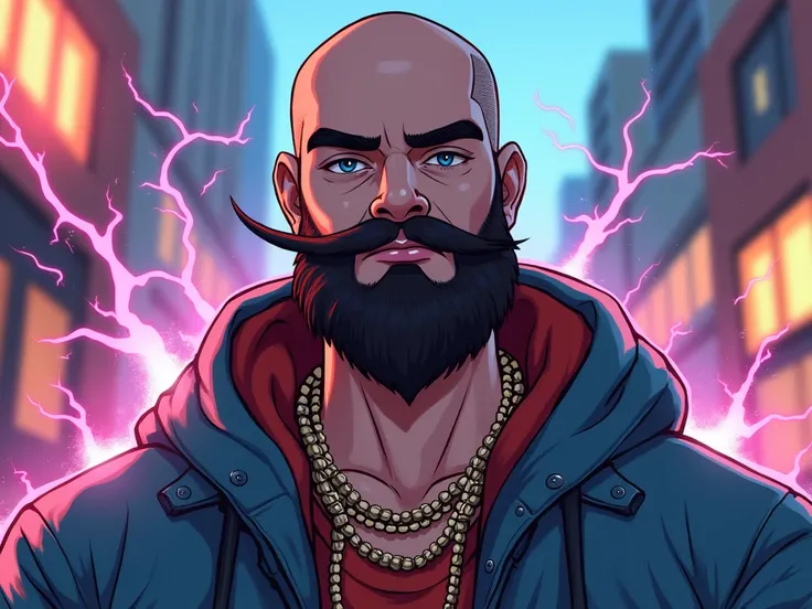 Young bald brunette rapper with Pokemon-style beard