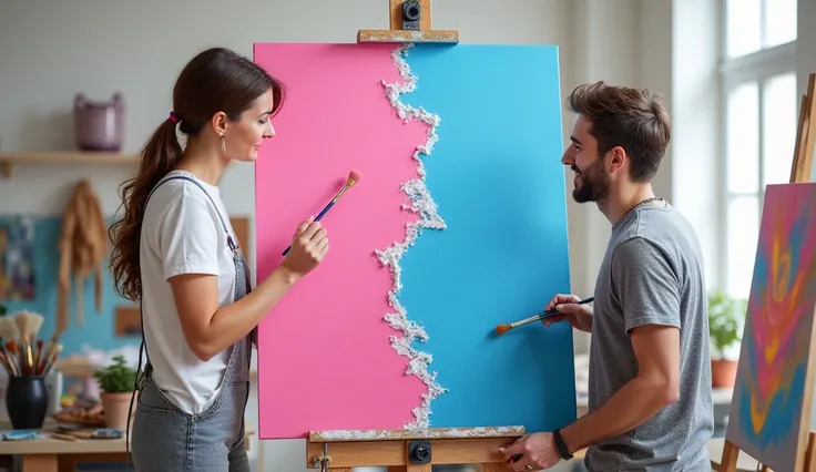  A woman paints half of a 's picture pink, a man paints the other half blue 