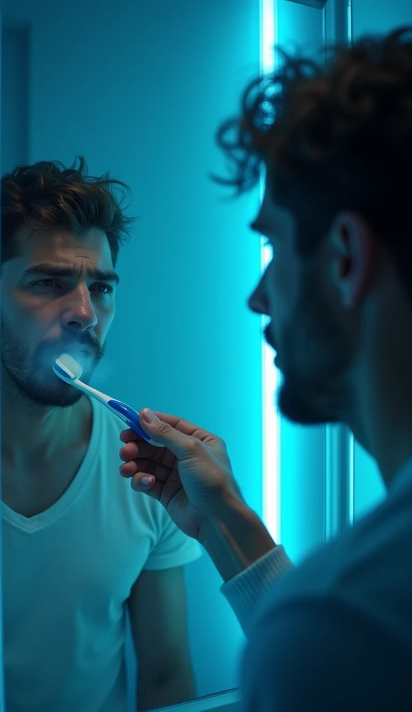  His mouth smells unpleasant even though he has brushed his teeth thoroughly "
 Background :  Bathroom with a large mirror ,  light blurry from the reflected blue neon light .
 character :  The man looks at the mirror ,  hand holding toothbrush but face ex...