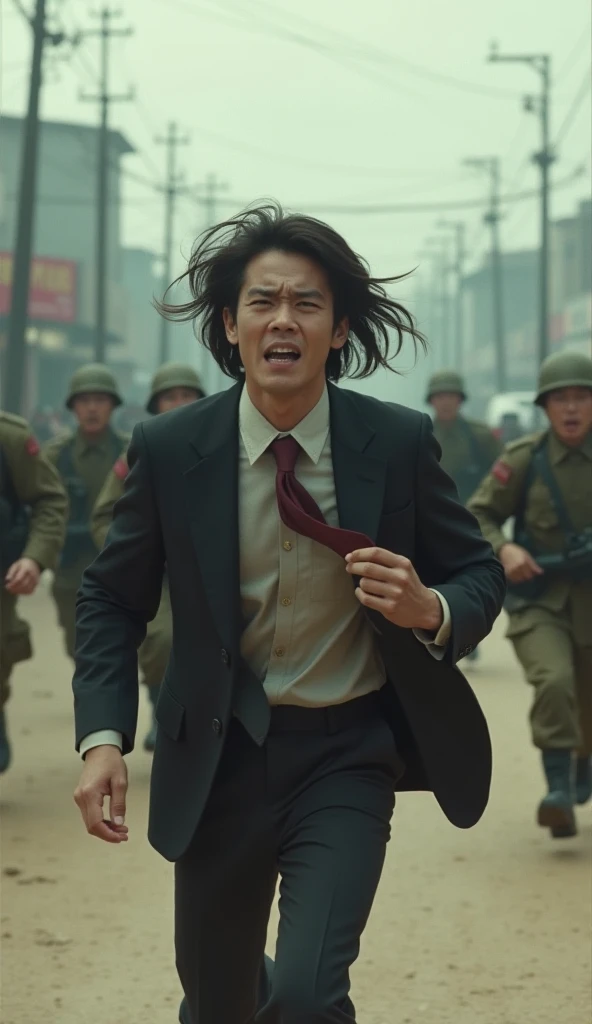 A young man in a suit and tie with long hair, his face looking shocked, is running away from Korean soldiers in 1990. The image looks realistic.