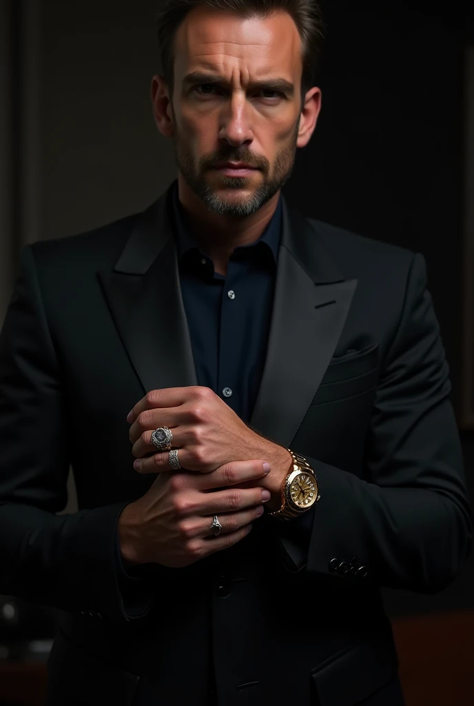  Man in a luxury black suit , Gold Rolex on the wrist , Silver rings on fingers,  serious face and sharp look . resolution : 4K Ultra HD
Lighting : soft and diffused light,  highlighting the contours of the face and details of the clothing .
background col...