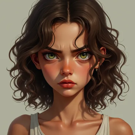 A girl with curly brown hair,  brown skin,  big green eyes , reddish lips and thin eyebrows. Slightly angry expression.  realistic image.