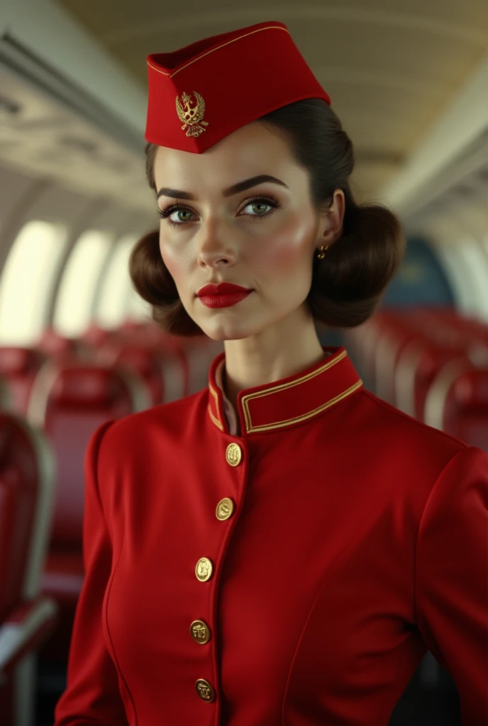 A Soviet airhostess from the Cold War era, dressed in a stylish red uniform with gold accents. She has a serious and professional expression, with neatly styled hair under a matching red hat featuring a Soviet emblem. Her posture is straight and discipline...