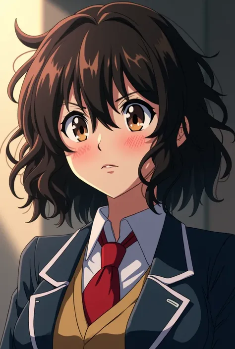 Captura de pantalla de my hero academia, Girl with dark brown curly hair and with light brown highlights on my face,  with a serious expression,  in the uniform of the u.a 