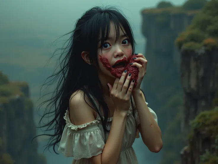 girl rips her face off, screams,  wide eyes ,  long black hair, Long black nails, in a lightweight dress, Stands on a cliff, Against the background of Hell , a nightmare, schizophrenia, horror, Gothic, hell of art, Surrealism