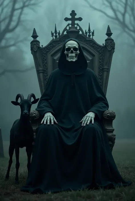 Create a tall man made of a skull with a black cape and a hood who only shows his face and hands sitting on a throne made of a skull with a black goat on his left side in the cemetery at night in a heavy fog 