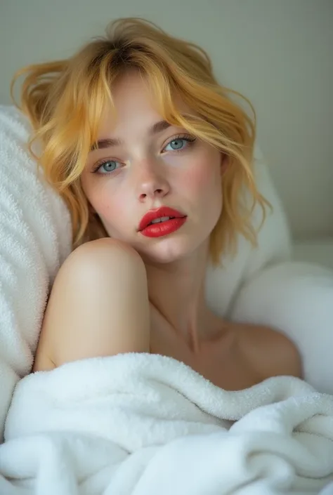 A photo of a white girl with blue eyes but short yellow and with red lips and in a bath towel 