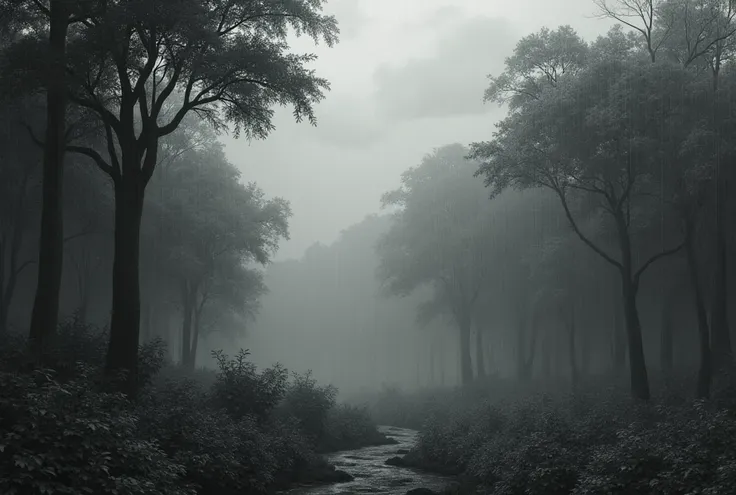  Make an open forest a home, Rainy clouds, Rain all in black and white .  realistic, isolated,  serroteo.