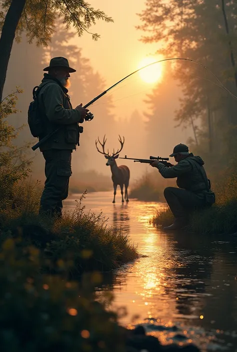 I want a picture where there will be a fisherman throwing a rod and a hunter who points a gun at a forest deer at sunset