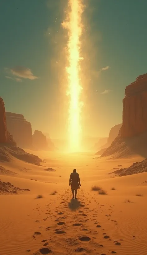  A desert landscape with a lonely wanderer, while a divine light illuminates the path ahead 