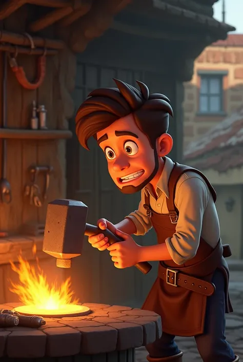  Arthur , a young blacksmith in his 20s ,  is concentrated as he hits the metal with his hammer.  The forge is full of tools and horseshoes ,  and the background shows the rustic houses of the town of Ardenia . style:  animated, colorful, con detalles en l...