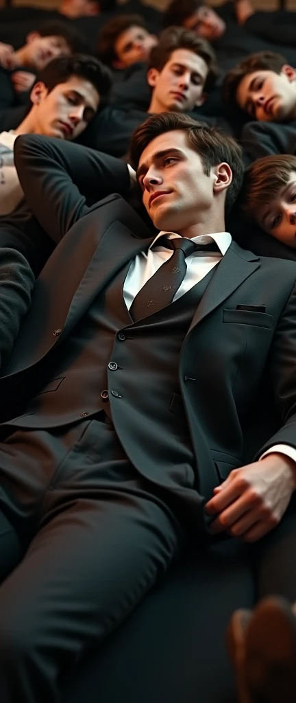  an elegant man in a suit and tie reclining while lying down, with several boys lying around him, his legs visible in the frame , ( the best quality,4k,8K, highres, masterpiece:1.2), ultra-detailed ,( Realistic,photo Realistic,photo- Realistic:1.37),HDR-10...