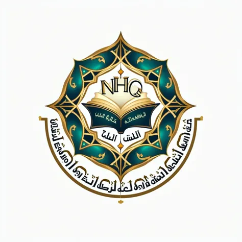 "Design a high-end, professional, and Islamic-inspired logo for 'NHQ Academy Asansol.' The logo should have an intricate and elegant design incorporating Islamic geometric patterns, an open book (symbolizing Quranic knowledge), a crescent moon, and a mosqu...